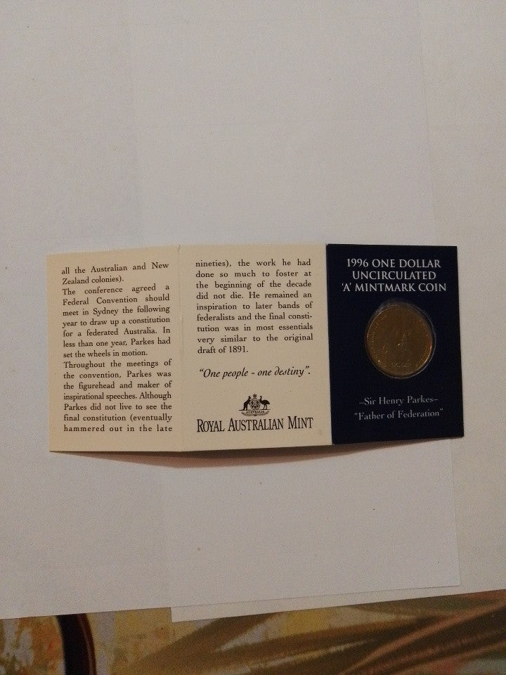 1996 ONE Dollar Uncirculated 'A' Mintmark Coin Sir Henry Parkes Father Of...