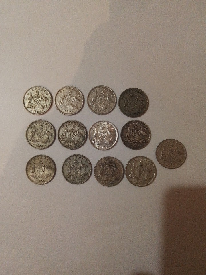 13 Australia Sixpence Coins From 1930-1962