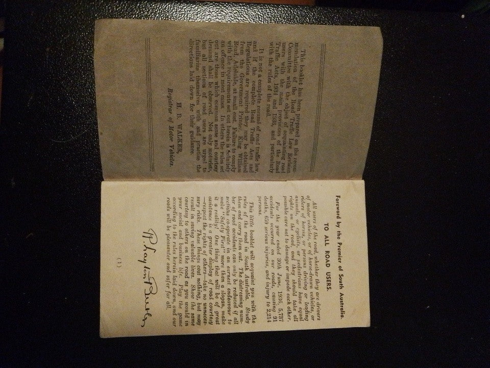 1936 The Road Traffic Code Booklet South Australia