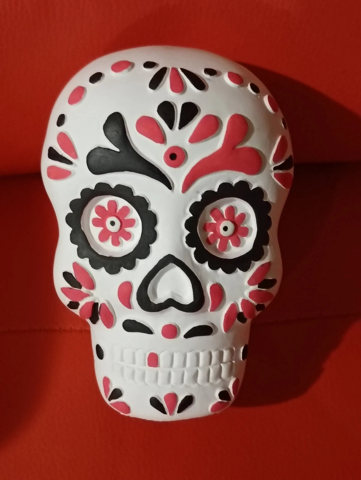 Hand Painted Ceramic Skull Red Abstract Decal