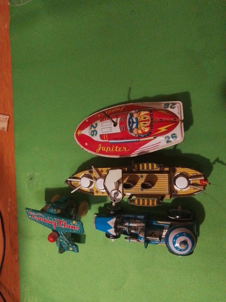 4x Antique Tin Toys, Racing Car, Plane,Speedboat,Ship.